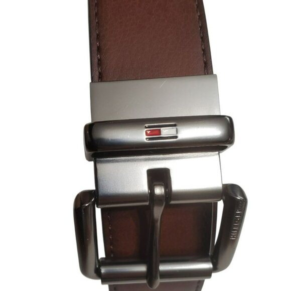 New Tommy Hilfiger Belt Brown Mens XL Gunmetal Buckle Synthetic Leather 1.5" W - Picture 3 of 11